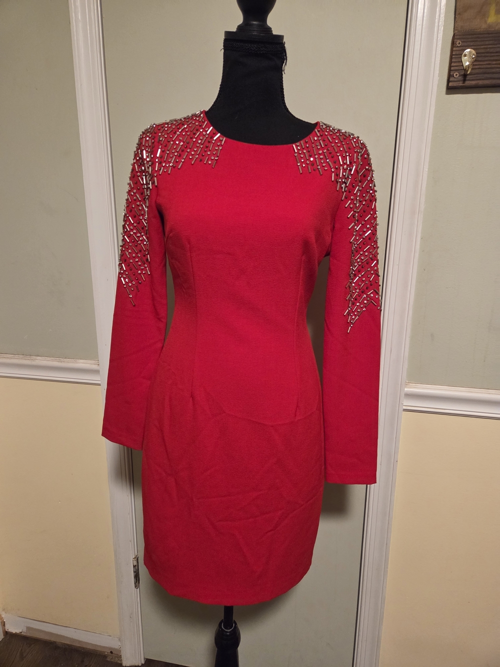 Gianni Bini Red Long-Sleeve Beaded Sheath Dress